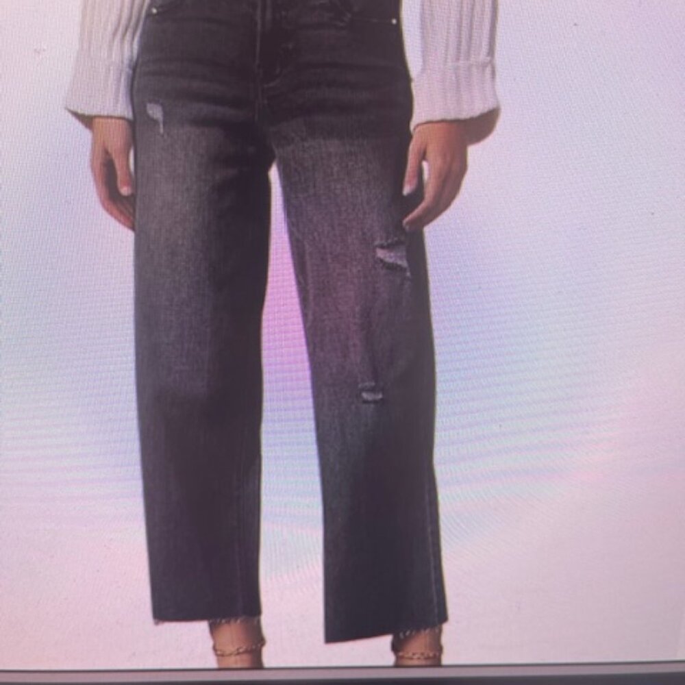 Black Wide Leg Cropped Distressed Jeans